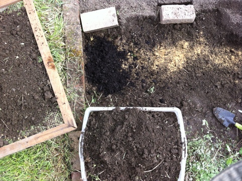 After breaking up the sod, rake the weeds, dirt and rocks into a pile and deposit them into a container.  Add a handful of bone meal and a layer of compost. Then, sieve material back into the patch.